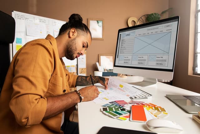 Graphic designer working on a logo and branding project using a digital tablet and laptop